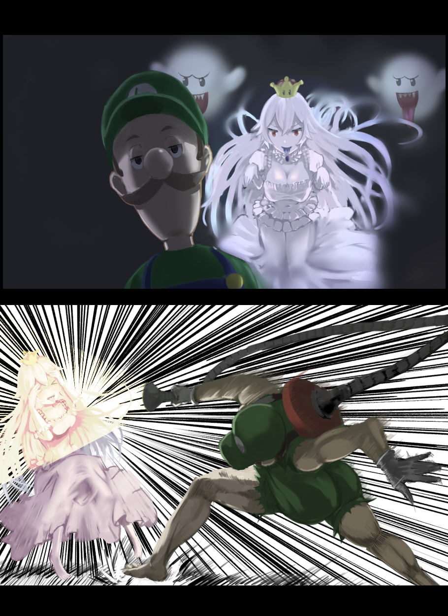 >_<, 1boy, 1girl, blouse, blue_overalls, boo_(mario), brown_hair, colored_tongue