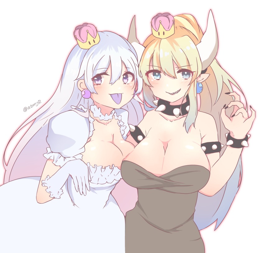 2girls, absurdres, akabuchi_megane, aqua_eyes, armlet, bare_shoulders, black_dress, blonde_hair