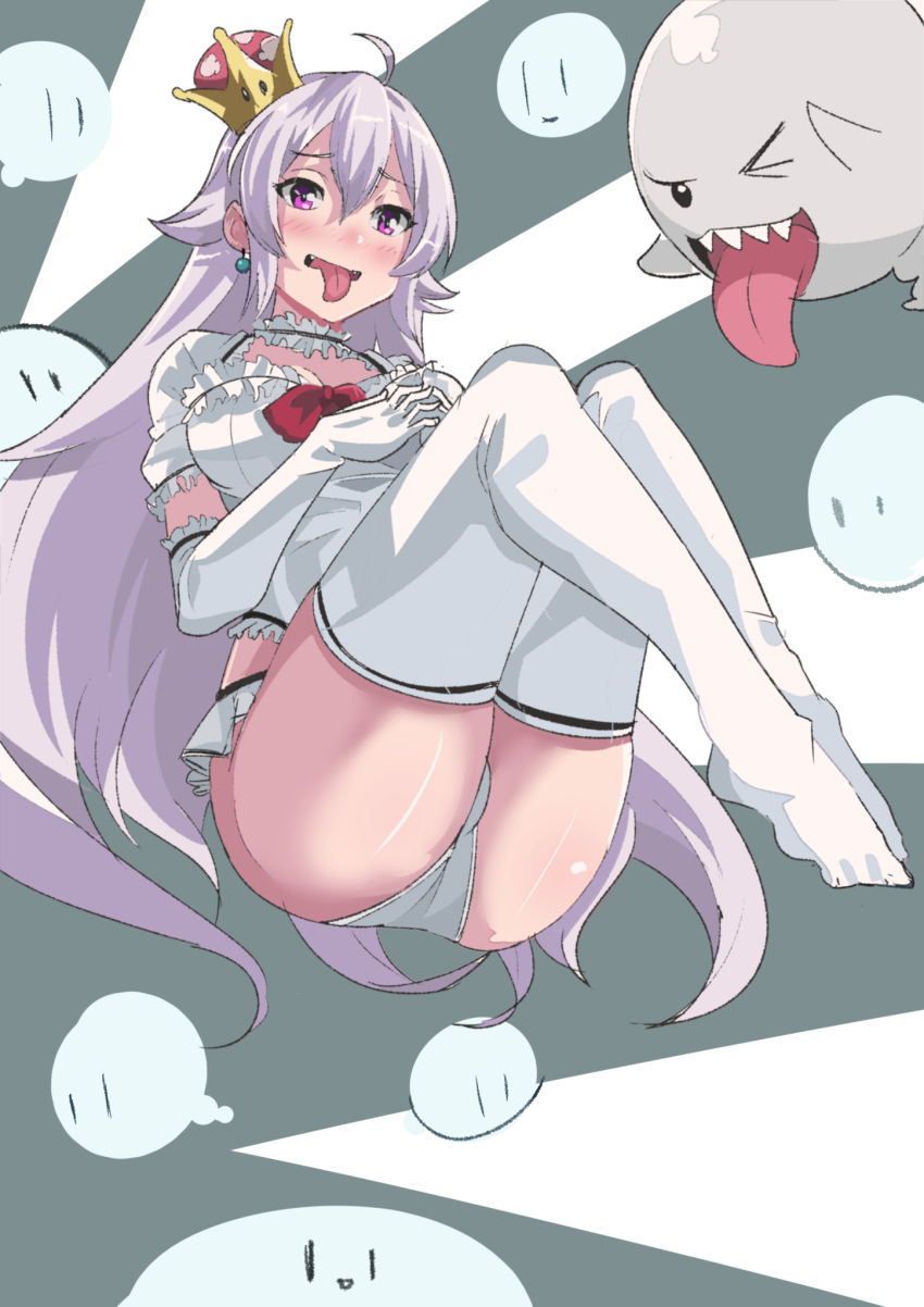 1girl, :p, ahoge, blush, boo_(mario), earrings, fangs, female_focus