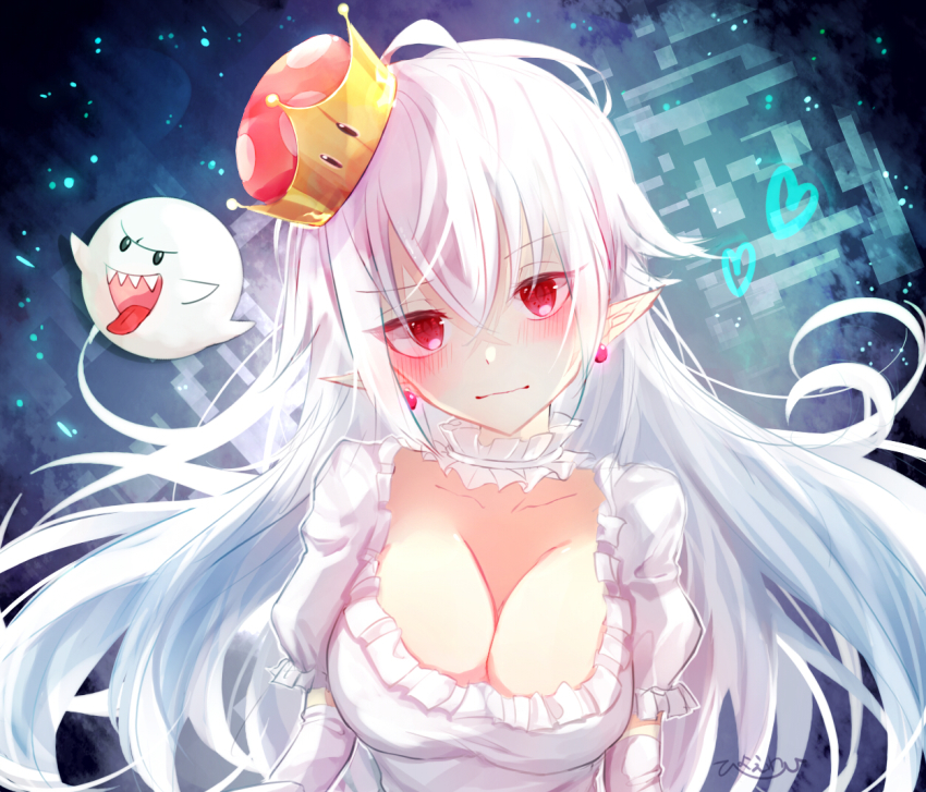 1girl, artist_name, blush, boo_(mario), breasts, cleavage, closed_mouth, collar, collarbone, commentary_request, dress, earrings, elbow_gloves, frilled_collar, frilled_dress, frilled_sleeves, frills, gloves, hair_between_eyes, heart, jewelry, large_breasts, long_hair, looking_at_viewer, luigi's_mansion, mario_(series), new_super_mario_bros._u_deluxe, nintendo, pointy_ears, princess_king_boo, puffy_short_sleeves, puffy_sleeves, red_eyes, ruto_(rutodesu), short_sleeves, solo_focus, super_crown, tilted_headwear, upper_body, very_long_hair, white_dress, white_gloves, white_hair