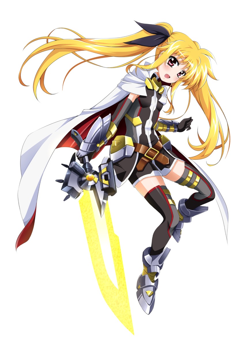 1girl, bardiche_(blitz_saber_form)_(nanoha), bardiche_(nanoha), black_gloves, black_ribbon, blonde_hair, breasts, cloak