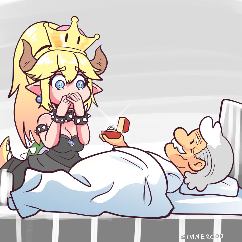 1girl, 1koma, absurdres, aged_up, armlet, bed, black_dress, blonde_hair