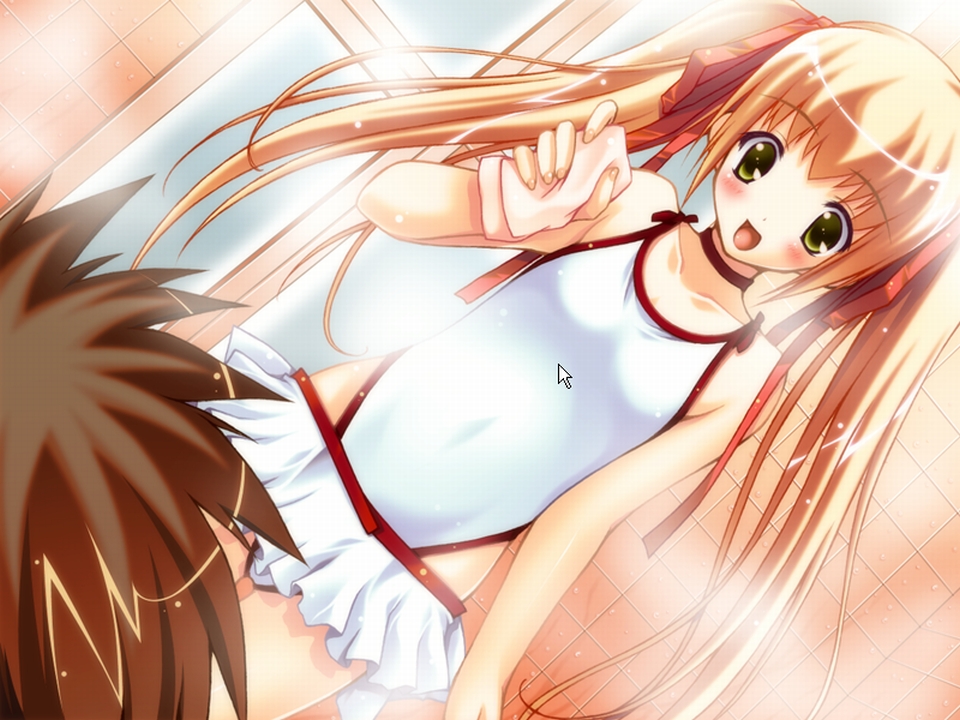 1girl, bathroom, blonde_hair, dutch_angle, flat_chest, game_cg, green_eyes, long_hair