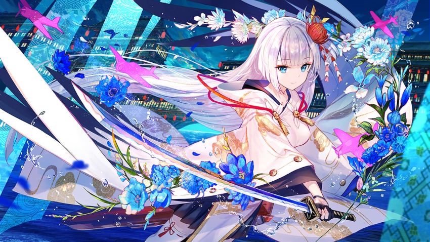 1girl, aircraft, airplane, architecture, azur_lane, black_gloves, blue_eyes, blue_flower