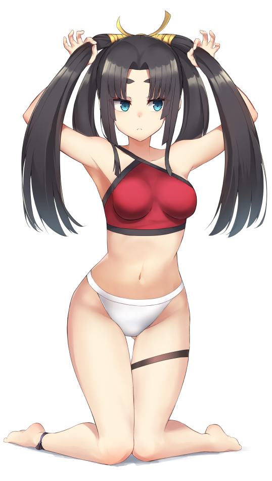 1girl, ankle_ribbon, armpits, bad_id, bad_pixiv_id, bare_shoulders, barefoot, bikini