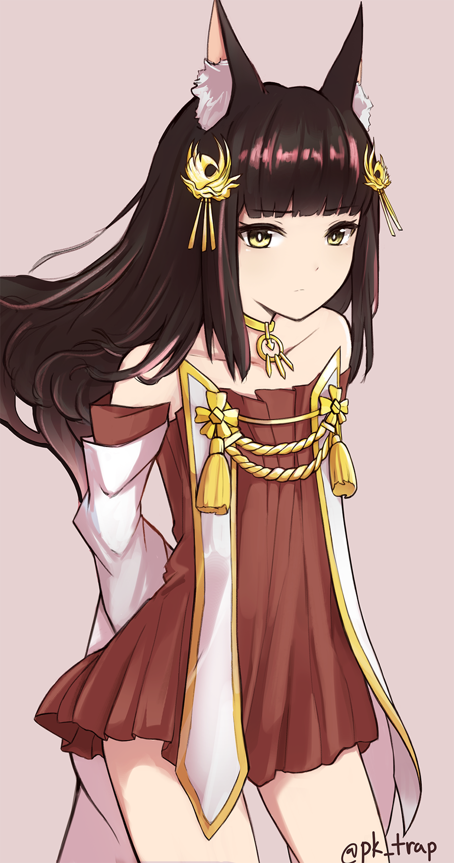 1girl, animal_ears, azur_lane, bare_shoulders, beige_background, black_hair, blunt_bangs, choker