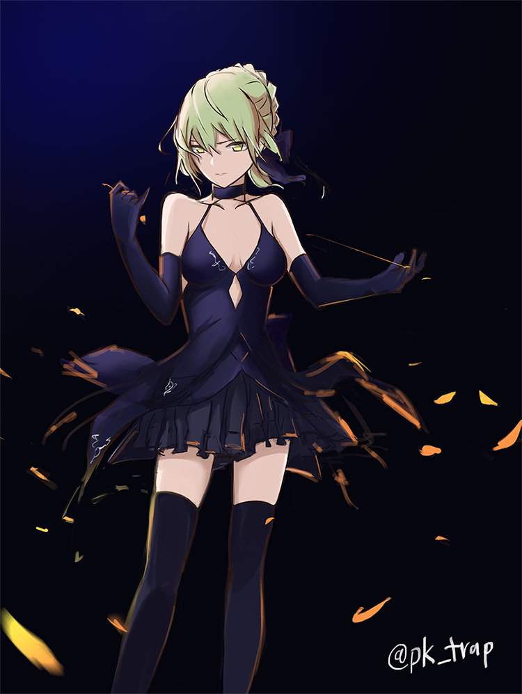 argyle_clothes, artoria_pendragon_(fate), bare_shoulders, black_background, black_dress, black_thighhighs, blonde_hair, braid