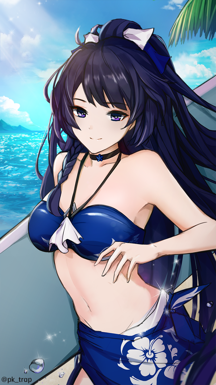 1girl, honkai_gakuen, bikini, black_hair, blue_bikini, blue_sarong, braid, breasts