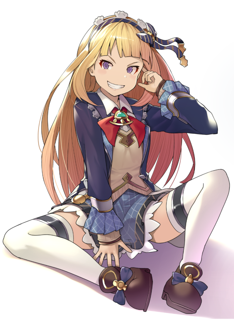 1girl, blazer, blonde_hair, blush, brown_footwear, cagliostro_(granblue_fantasy), cagliostro_(youthful_uniform)_(granblue_fantasy), collared_shirt
