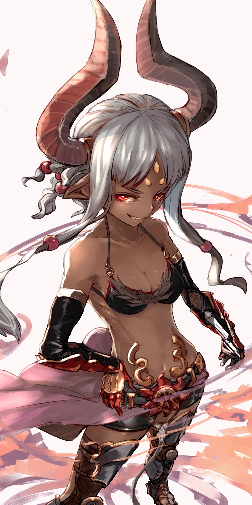 bikini, bikini_top_only, breasts, dark-skinned_female, dark_skin, draph, elbow_gloves, gauntlets, genderswap, genderswap_(mtf), ghandagoza, gloves, granblue_fantasy, highres, horns, kumonji_aruto, navel, pointy_ears, red_eyes, shorts, small_breasts, solo, swimsuit, thighhighs