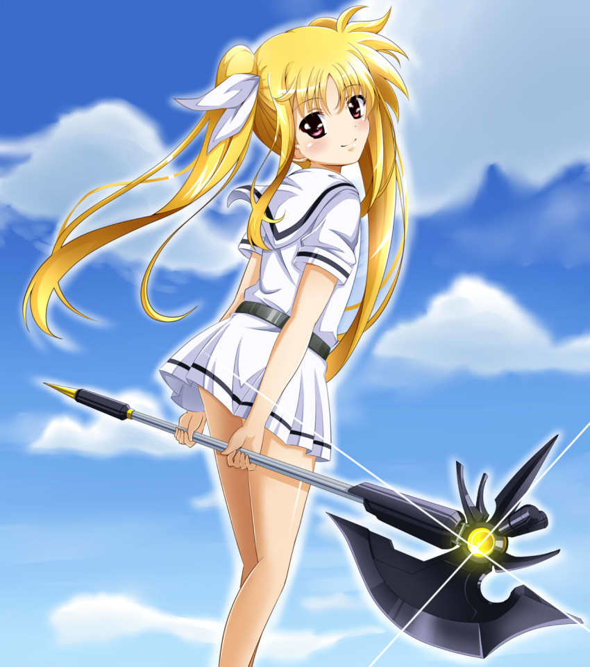 1girl, axe, bardiche_(bullova_form)_(nanoha), bardiche_(nanoha), battle_axe, blonde_hair, blue_sky, cloud
