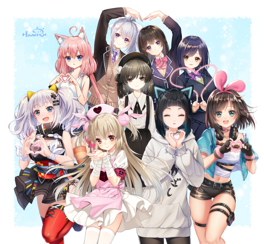6+girls, :d, ^_^, ahoge, alternate_costume, animal_ears, apron, arm_up