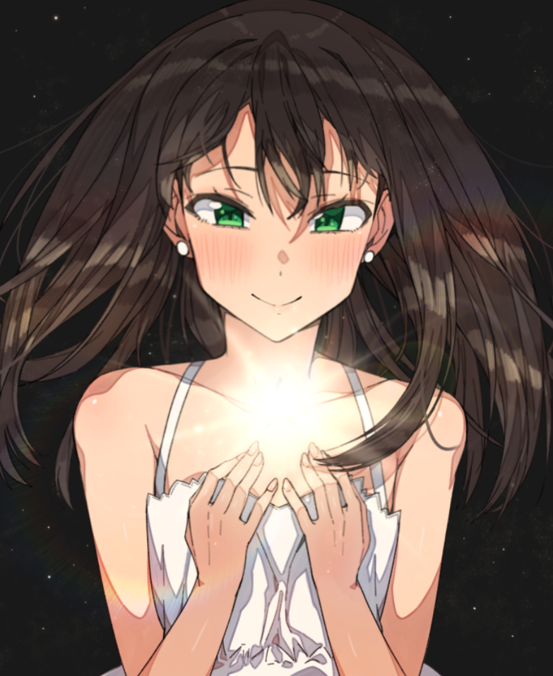 1girl, bare_shoulders, black_background, black_hair, dress, earrings, erere, female_focus, green_eyes, hair_between_eyes, idolmaster, idolmaster_cinderella_girls, jewelry, light, long_hair, shibuya_rin, shine!!, simple_background, smile, solo, white_dress