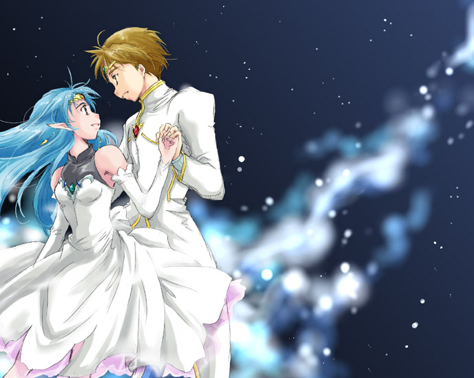 1boy, 1girl, blue_hair, detached_sleeves, dress, jinto, lafiel, long_hair