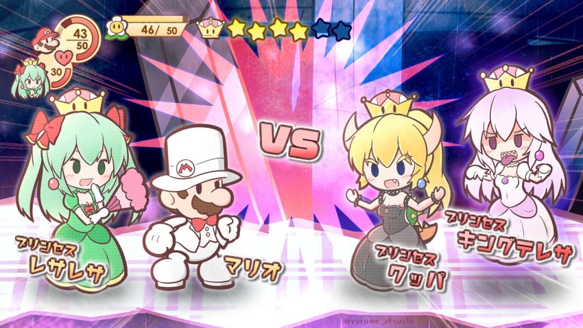 1boy, 3girls, black_dress, black_eyes, blonde_hair, blue_eyes, bow, bow_(paper_mario)