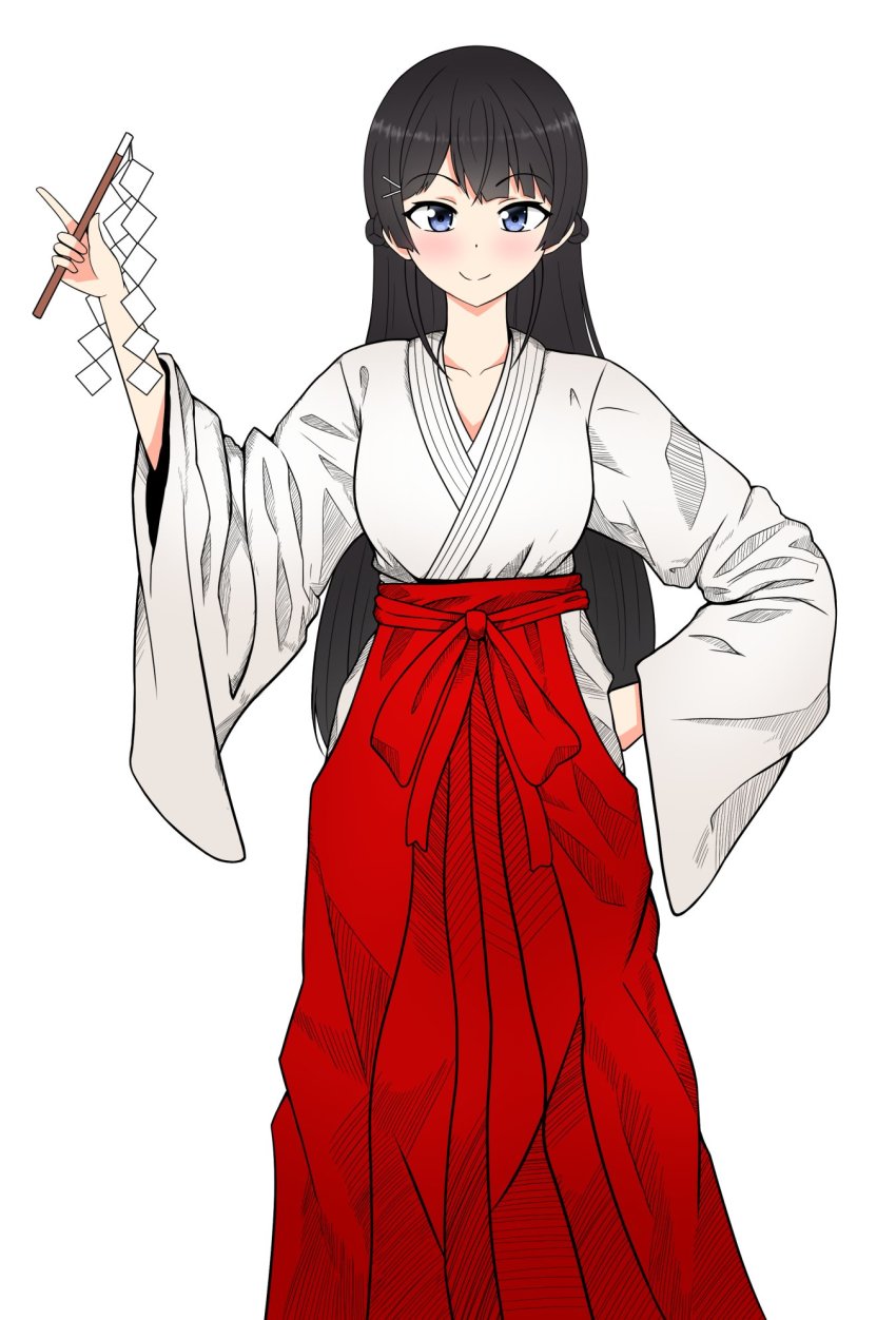 1girl, black_hair, blue_eyes, blush, female_focus, gohei, hair_ornament, hairclip, hakama, hakama_skirt, highres, japanese_clothes, kimono, long_hair, long_sleeves, looking_at_viewer, miko, nijisanji, simple_background, skirt, smile, solo, the_only_shoe, tsukino_mito, tsukino_mito_(new_year), virtual_youtuber, white_background