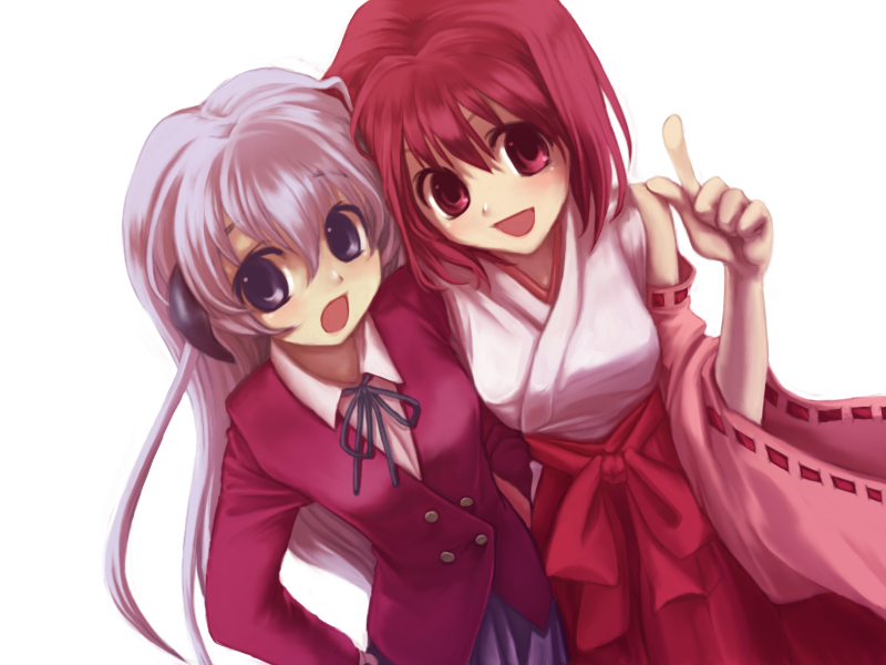 2girls, aisaka_taiga, cosplay, costume_switch, crossover, detached_sleeves, hakama, hakama_skirt