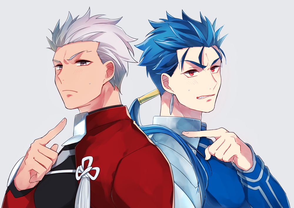 2boys, archer_(fate), bberry, blue_hair, clenched_teeth, closed_mouth, cu_chulainn_(fate), cu_chulainn_(fate/stay_night)