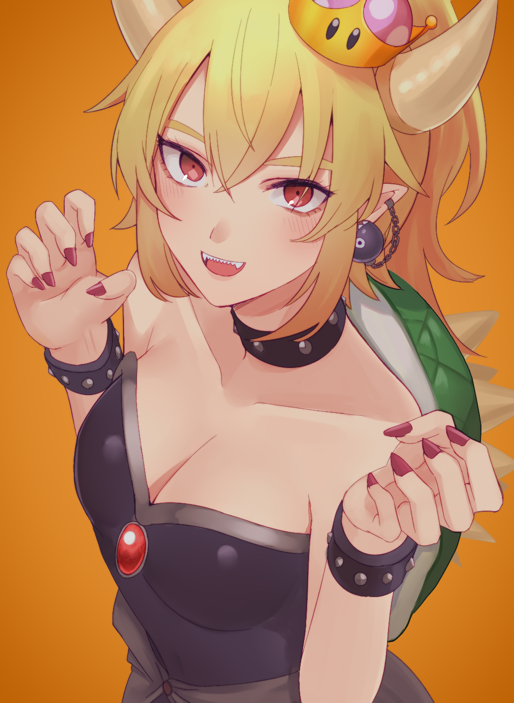 1girl, :d, bare_shoulders, blonde_hair, blush, bowsette, bracelet, breasts