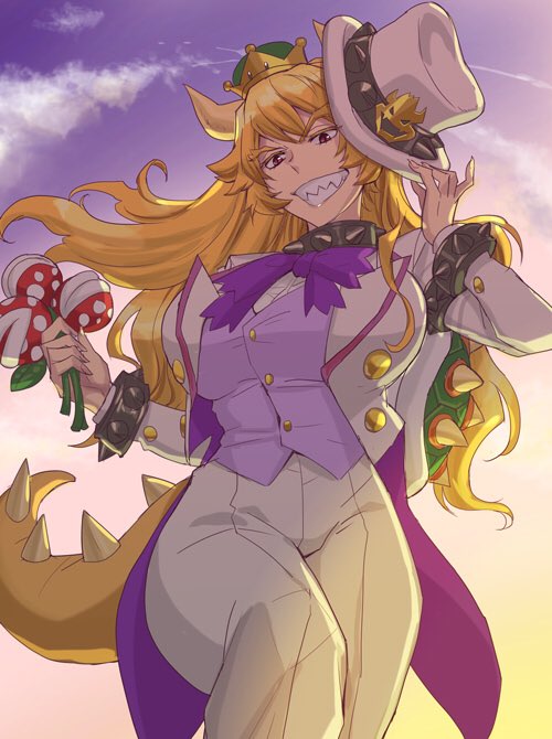 1girl, alternate_costume, armlet, bow, bowser_logo, bowsette, bowtie, bracelet