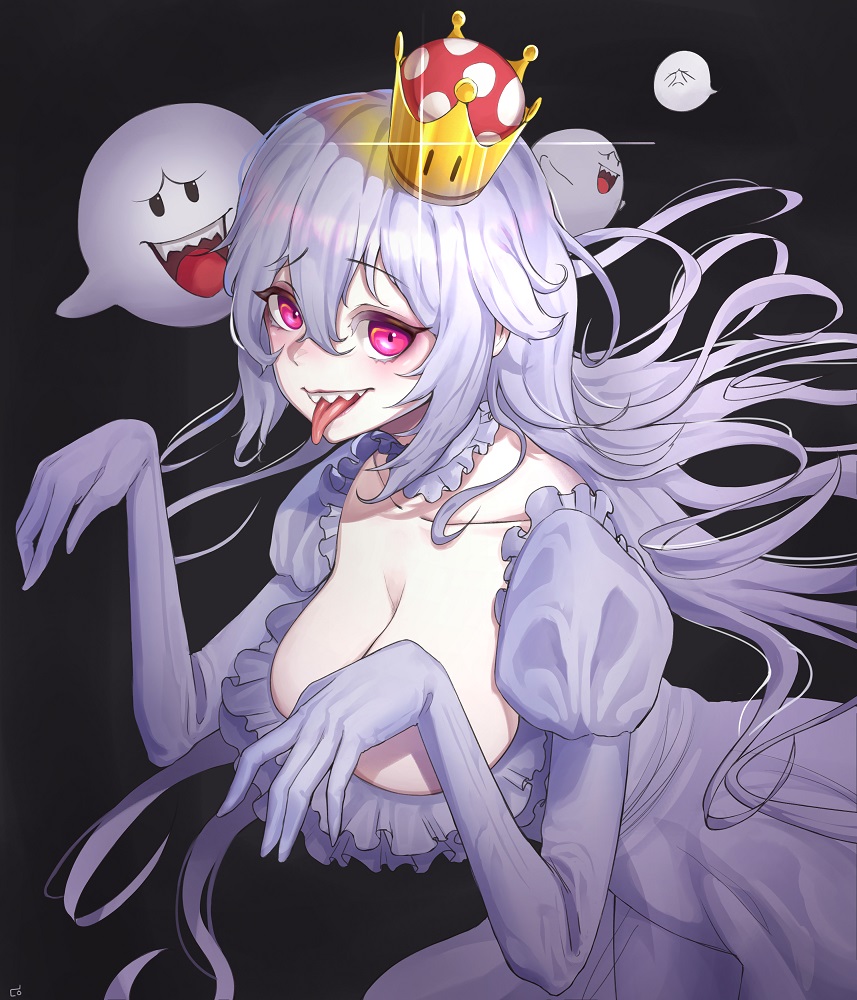 1girl, :d, boo_(mario), breasts, collarbone, crown, dress, female_focus, floating_hair, genderswap, genderswap_(mtf), glint, gloves, large_breasts, long_hair, long_tongue, luigi's_mansion, mario_(series), new_super_mario_bros._u_deluxe, nintendo, open_mouth, pengpeng_dohyung, pink_eyes, princess_king_boo, puffy_sleeves, sharp_teeth, smile, solo, sparkle, super_crown, teeth, tongue, tongue_out, white_dress, white_gloves, white_hair