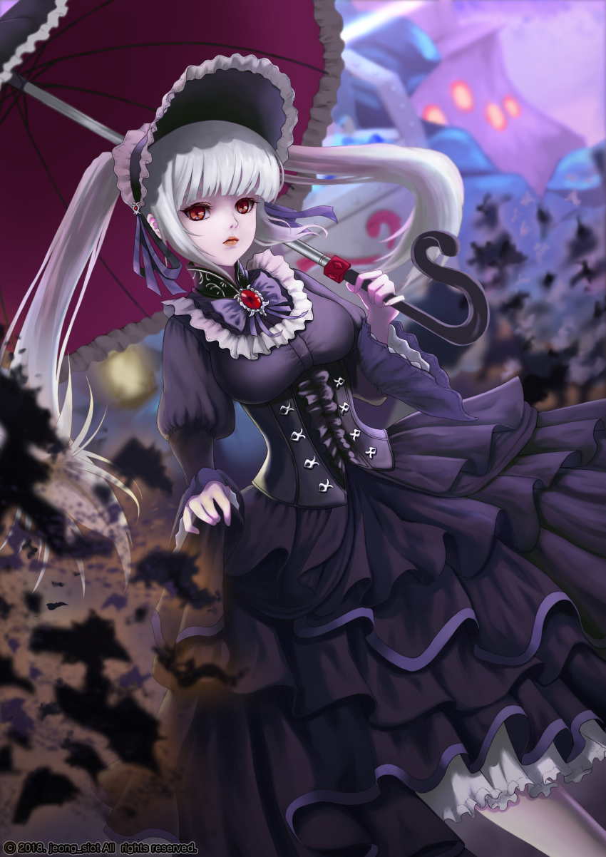 1girl, absurdres, black_dress, blunt_bangs, blurry, blurry_background, bonnet, breasts, character_request, dated, dress, dungeon_and_fighter, frills, highres, jeong_siot, lolita_fashion, long_hair, looking_at_viewer, medium_breasts, over_shoulder, parasol, red_eyes, red_theme, silver_luster_tagore, twintails, umbrella, white_hair, wide_sleeves