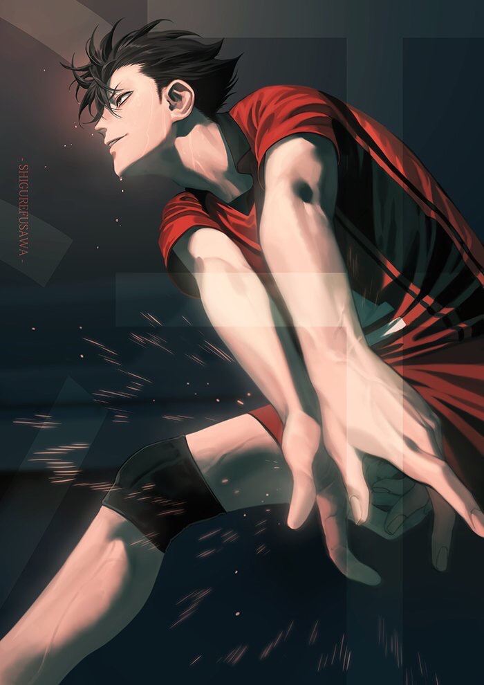 1boy, black_hair, from_below, gym_shirt, gym_shorts, gym_uniform, haikyuu!!, knee_brace
