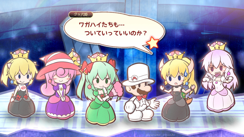 1boy, 5girls, blonde_hair, bow, bow_(paper_mario), bowsette, bowsette_jr., bowtie, check_translation, collar, colored_tongue, crown, curly_hair, dress, facial_hair, fake_screenshot, frilled_dress, frilled_gloves, frills, gameplay_mechanics, ghost, ghost_pose, gloves, green_hair, hair_bow, hair_over_eyes, hand_fan, hat, jewelry, long_hair, luigi's_mansion, mario, mario_(series), mario_(tuxedo), multiple_girls, mustache, new_super_mario_bros._u_deluxe, nintendo, open_mouth, paper_mario, paper_mario:_the_thousand-year_door, paper_mario_(character), paper_mario_64, parody, personification, pink_hair, ponytail, princess_king_boo, purple_tongue, sharp_teeth, smile, spiked_collar, spikes, star_(symbol), striped_clothes, striped_headwear, style_parody, super_crown, super_mario_odyssey, sweatdrop, teeth, tongue, tongue_out, top_hat, translated, translation_request, twintails, vivian_(paper_mario), white_dress, white_gloves, white_hair, witch_hat, yurume_atsushi