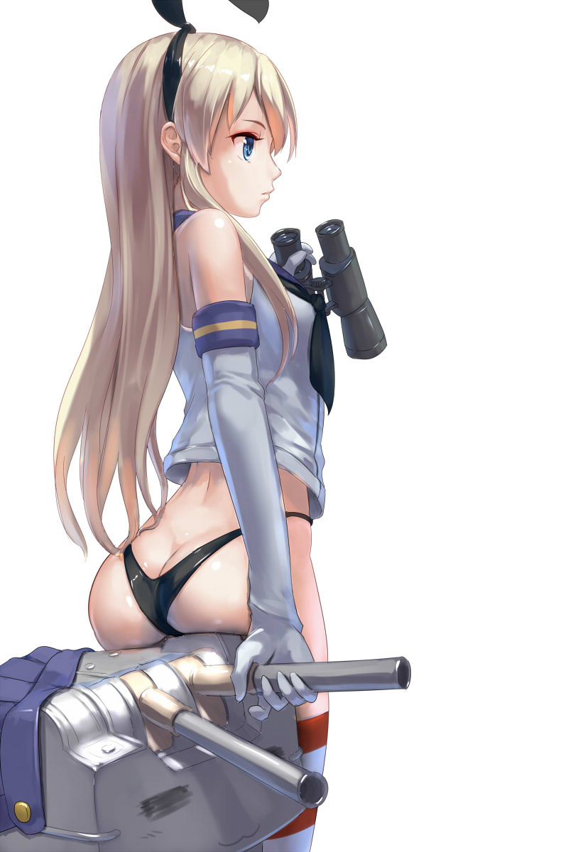 1girl, :3, alternate_eye_color, animal_ears, aqua_eyes, ascot, ass, back, bad_id, bad_pixiv_id, binoculars, black_ascot, black_panties, blonde_hair, blue_skirt, breasts, butt_crack, closed_eyes, elbow_gloves, expressionless, fake_animal_ears, female_focus, from_side, gloves, highleg, highleg_panties, highres, kantai_collection, long_hair, looking_afar, nyaa_(nyaanyaa), panties, petite, pleated_skirt, rabbit_ears, rensouhou-chan, sailor_collar, shimakaze_(kancolle), shiny_clothes, shiny_skin, shirt, sidelocks, skirt, sleeveless, sleeveless_shirt, small_breasts, solo, striped_clothes, striped_thighhighs, thighhighs, thighs, underwear, unworn_skirt, very_long_hair, white_gloves, white_shirt