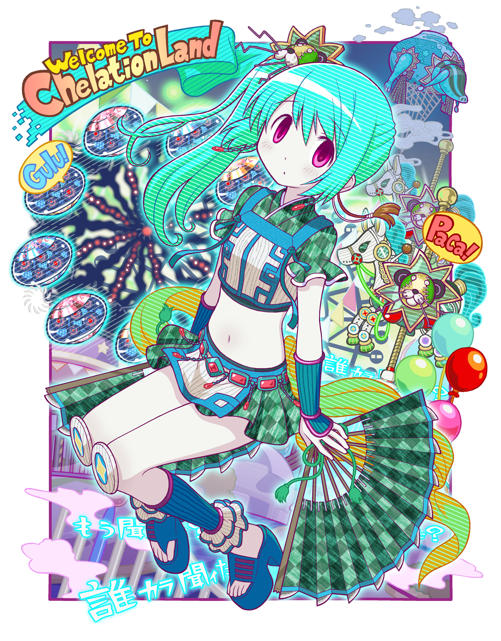 1girl, blue_hair, blue_sandals, breasts, checkered_clothes, checkered_kimono, colored_skin, female_focus