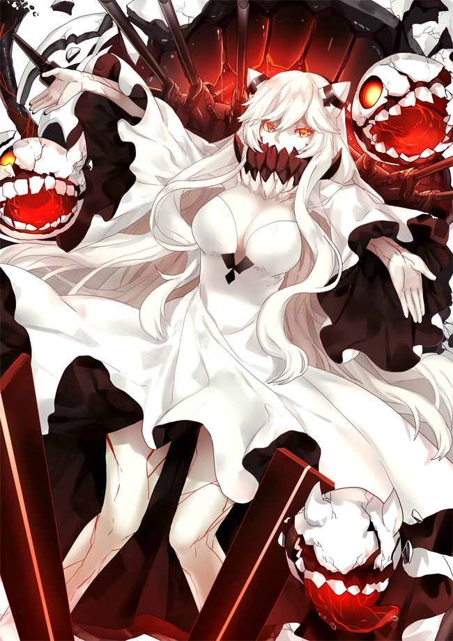 1girl, abyssal_ship, bare_legs, breasts, cleavage, colored_skin, commentary_request, covered_mouth