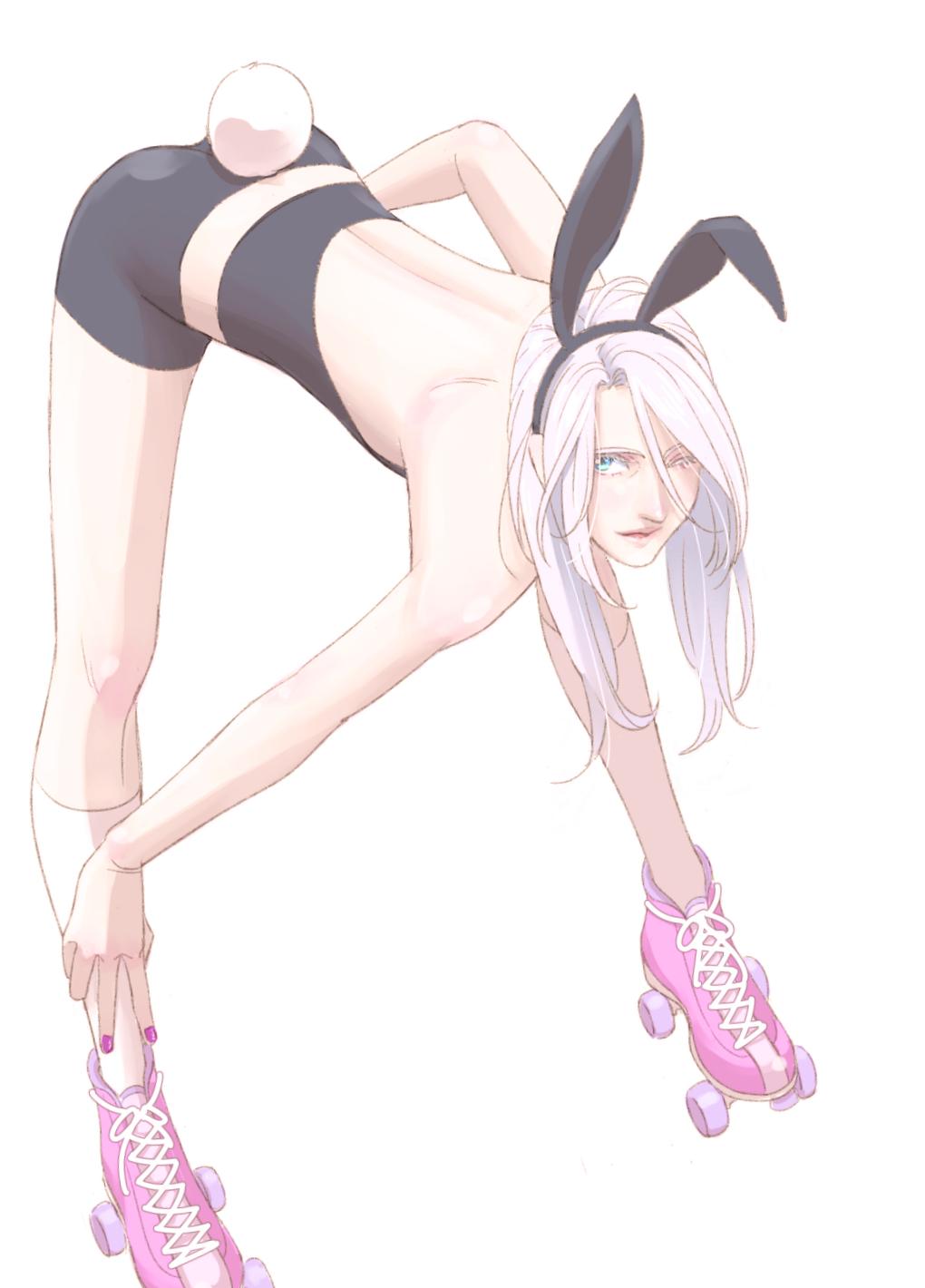 1boy, aged_down, animal_ears, back, bent_over, bishounen, blue_eyes, fake_animal_ears, fake_tail, hair_over_one_eye, hand_on_own_hip, high_tops, highres, kneehighs, legs_apart, long_hair, male_focus, male_playboy_bunny, nail_polish, natsuno_(natsunosho), one_eye_closed, pink_nails, pink_shoes, rabbit_ears, rabbit_tail, roller_skates, shoes, short_shorts, shorts, silver_hair, simple_background, one_ear_down, skates, smile, sneakers, socks, solo, tail, viktor_nikiforov, white_background, white_socks, yuri!!!_on_ice