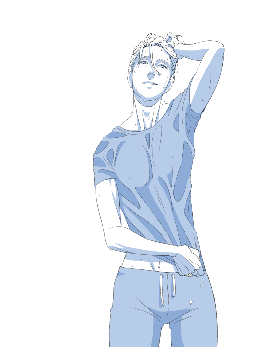 1boy, blue_theme, hand_on_own_head, highres, jewelry, limited_palette, male_focus, monochrome