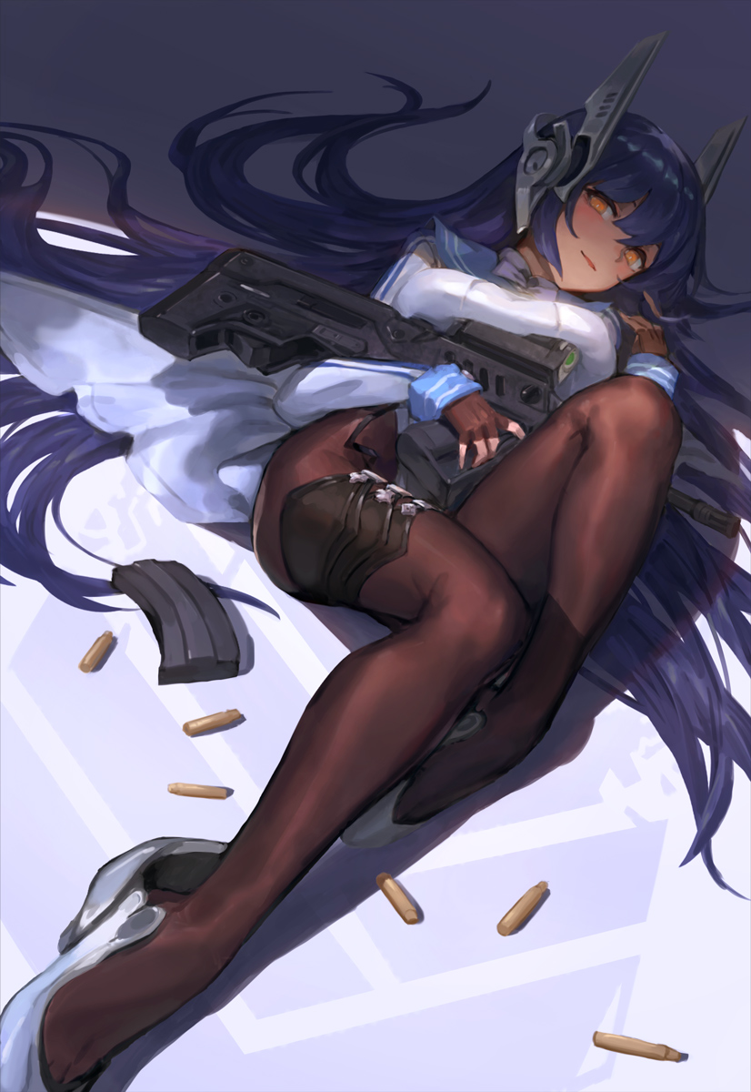1girl, 5.56x45mm_nato, ammunition, assault_rifle, black_pantyhose, blue_hair, blush, breasts