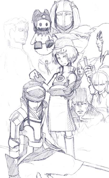 2girls, 5boys, alice_(megami_tensei), atlus, bare_shoulders, book, cu_chulainn_(megami_tensei), demon_(megami_tensei)