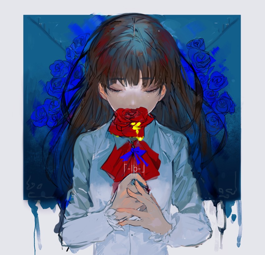 1girl, ascot, blue_flower, border, brown_hair, chikage_(chi_g0), closed_eyes, copyright_name, crying, facing_viewer, female_focus, flat_chest, flower, highres, ib_(ib), ib_(kouri), long_hair, making-of_available, red_flower, rose, shirt, solo, tears