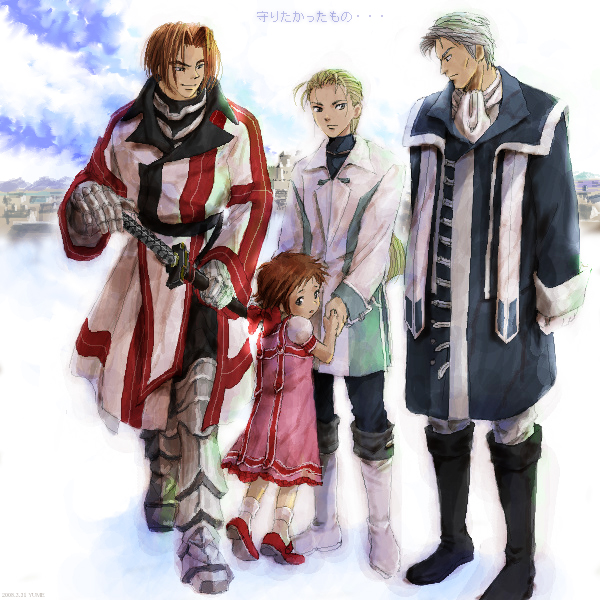 1girl, 3boys, blonde_hair, brown_hair, culgan_(suikoden), day, gensou_suikoden, gensou_suikoden_ii
