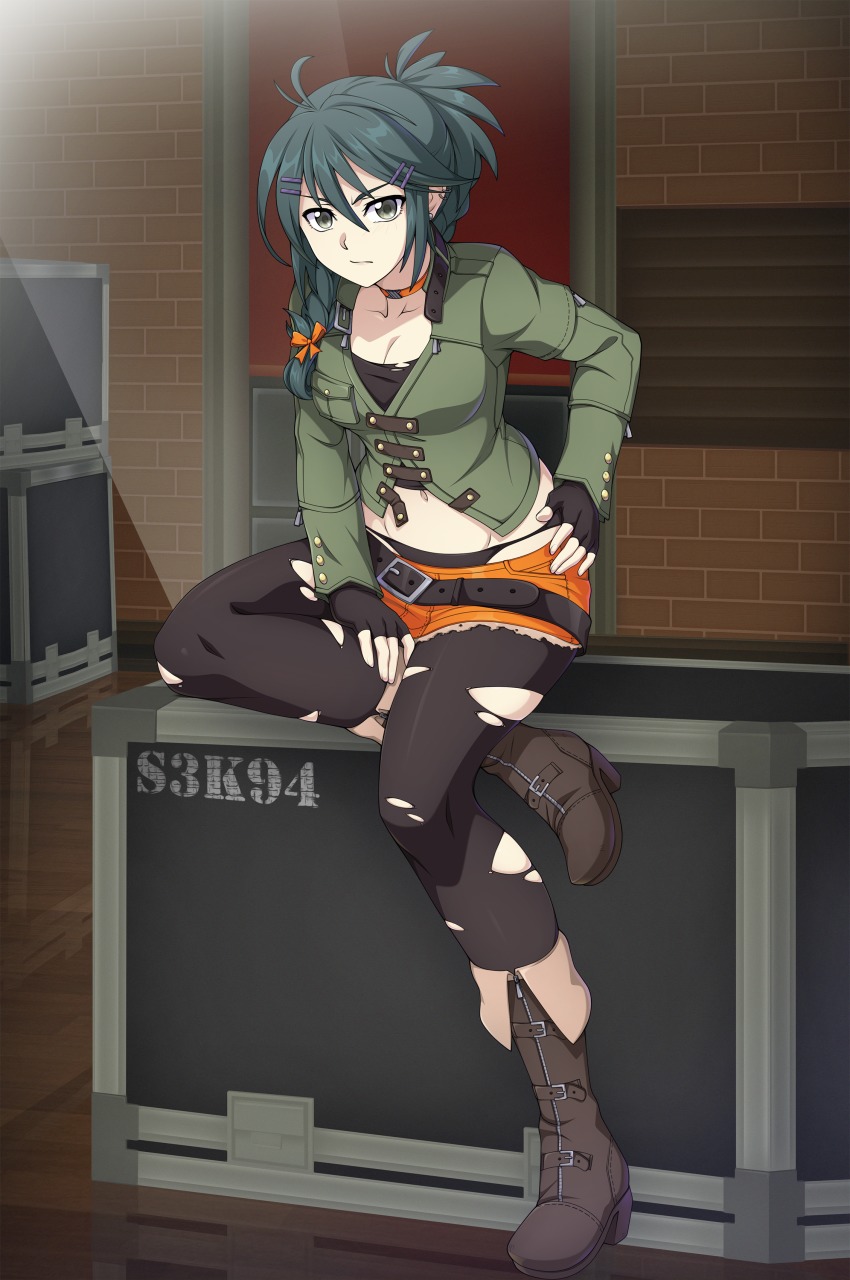 1girl, absurdres, belt, black_gloves, black_panties, black_pantyhose, blue_hair, boots