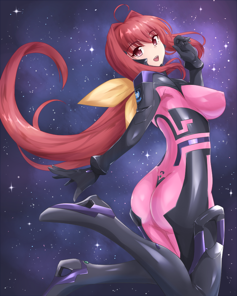 1girl, ahoge, arm_up, ass, bodysuit, bow, breasts, commentary_request