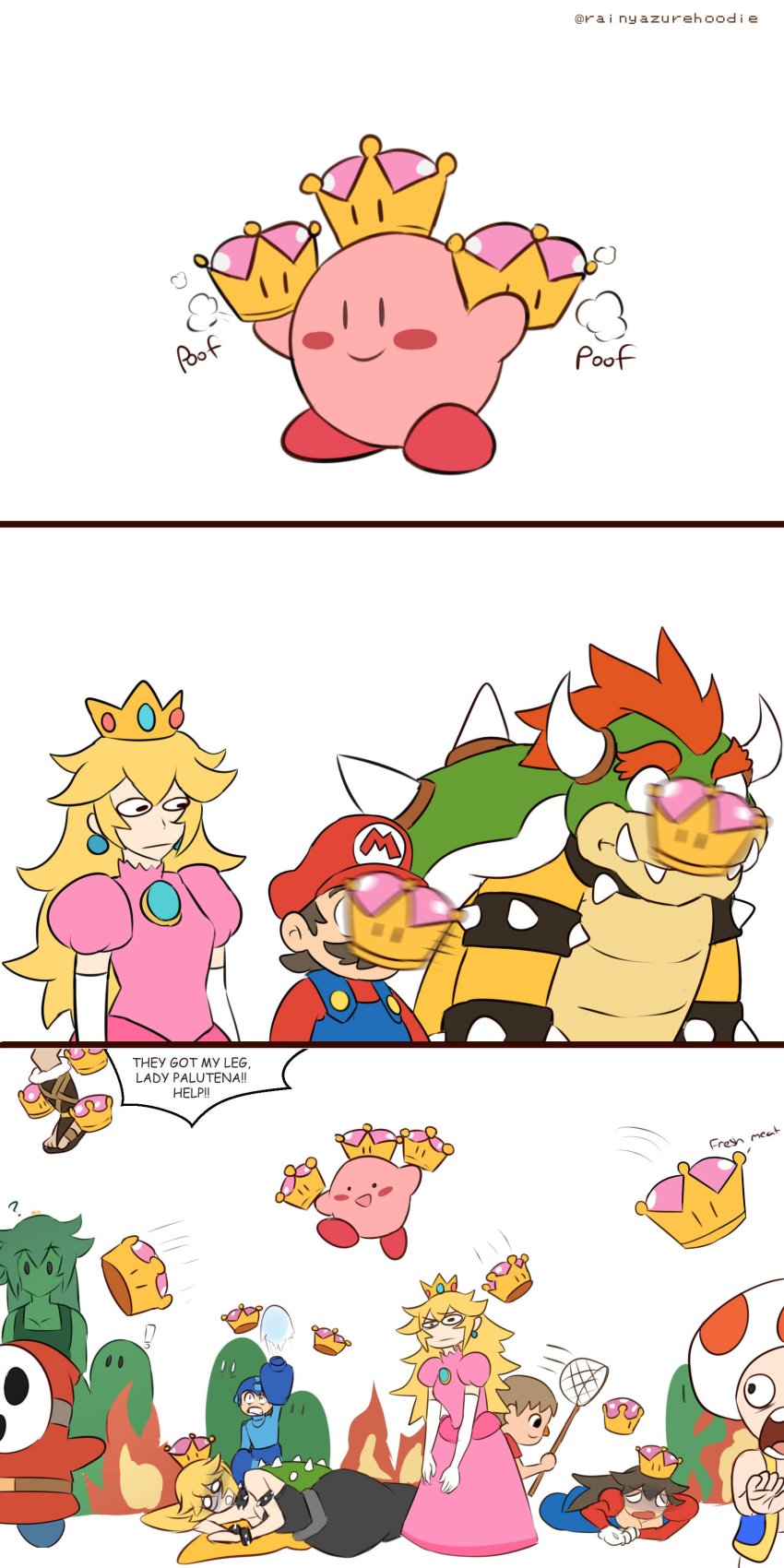 !, 3koma, ?, absurdres, animal_crossing, arm_cannon, blonde_hair, bowser, bowsette, bracelet, brown_hair, butterfly_net, capcom, closed_mouth, collar, comic, crossover, crown, earrings, english_text, facial_hair, fire, genderswap, genderswap_(mtf), hand_net, hat, helmet, highres, horns, jewelry, kid_icarus, kirby, kirby_(series), long_hair, mariette, mario, mario_(series), mask, mega_man_(character), mega_man_(classic), mega_man_(series), motion_blur, multiple_boys, multiple_girls, new_super_mario_bros._u_deluxe, nintendo, open_mouth, overalls, pit_(kid_icarus), princess_dress, princess_peach, rainyazurehoodie, sandals, short_hair, shy_guy, smile, spiked_bracelet, spiked_collar, spiked_shell, spikes, super_crown, toad_(mario), turtle_shell, villager_(animal_crossing), weapon