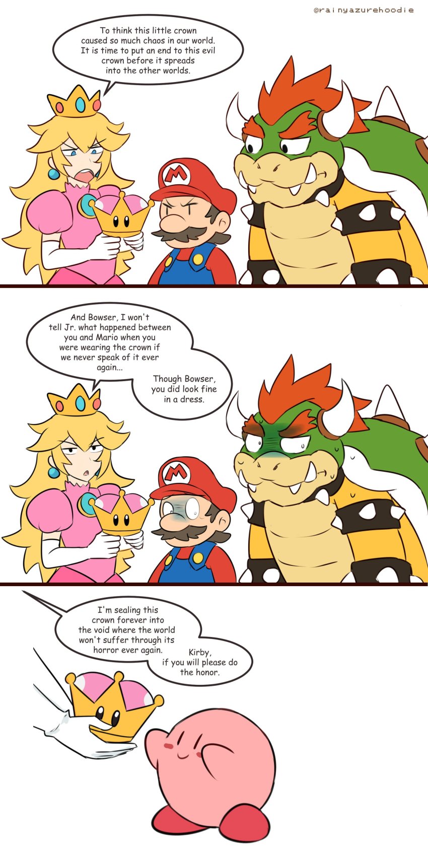 1girl, 3boys, 3koma, absurdres, blonde_hair, bowser, bracelet, brown_hair