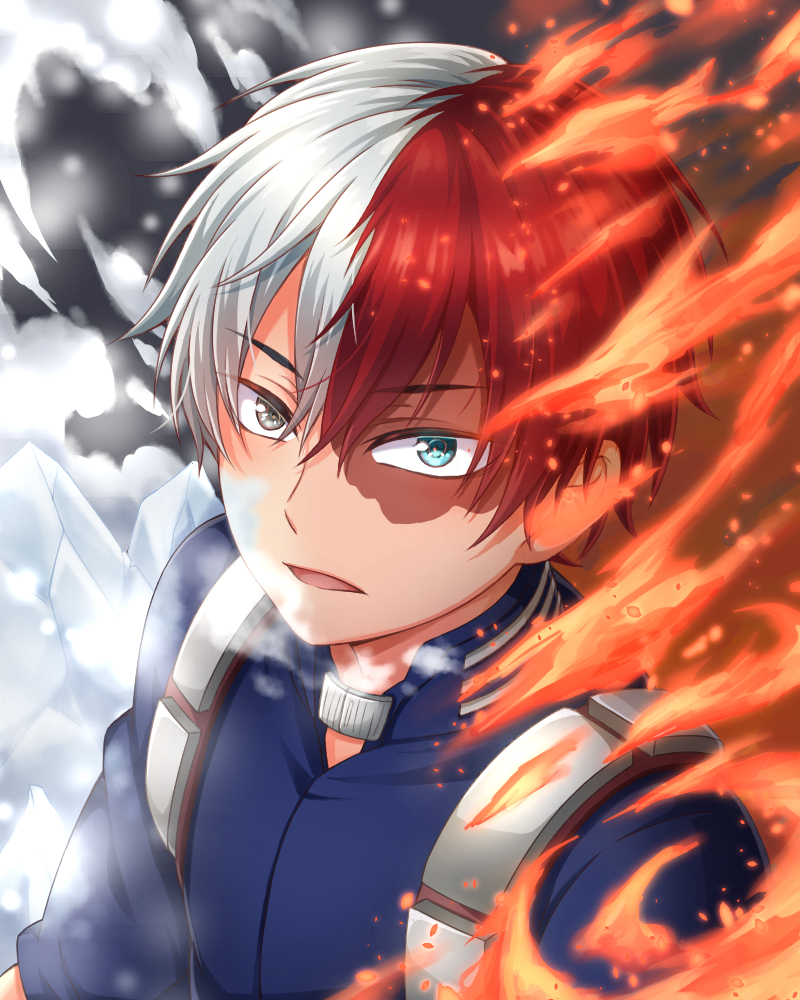 10s, 1boy, bad_id, bad_pixiv_id, boku_no_hero_academia, fire, green_eyes, grey_eyes