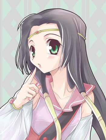 00s, 1girl, :o, akudama_geku, black_hair, circlet, code_geass, female_focus, green_eyes, japanese_clothes, long_hair, lowres, solo, sumeragi_kaguya