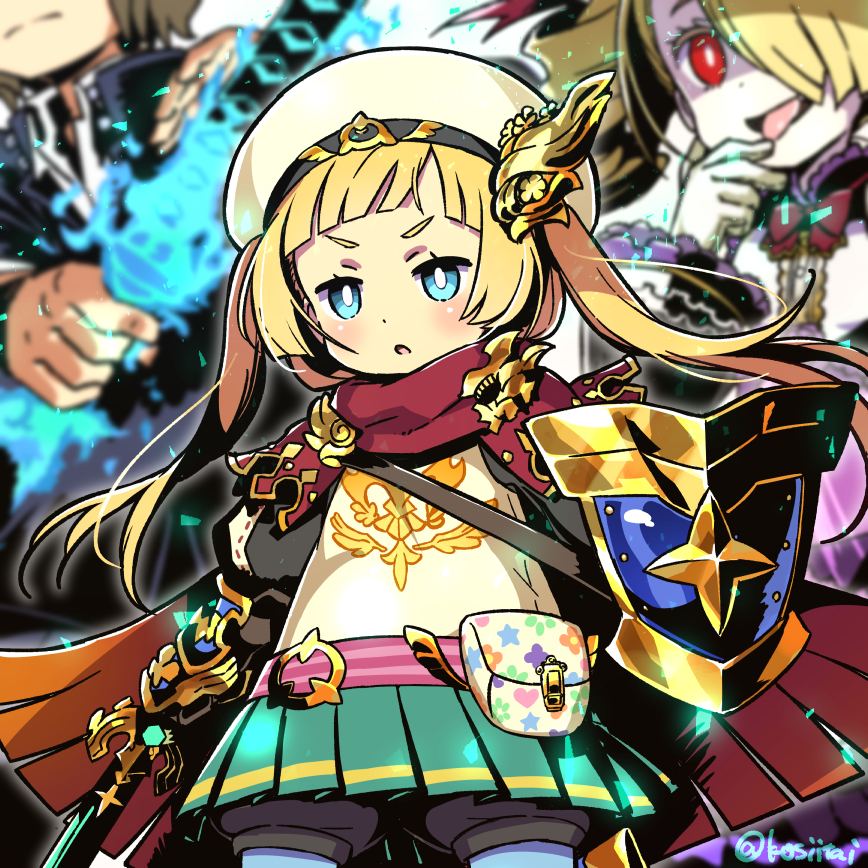 1boy, 2girls, belt, belt_pouch, beret, blonde_hair, blue_eyes, cape
