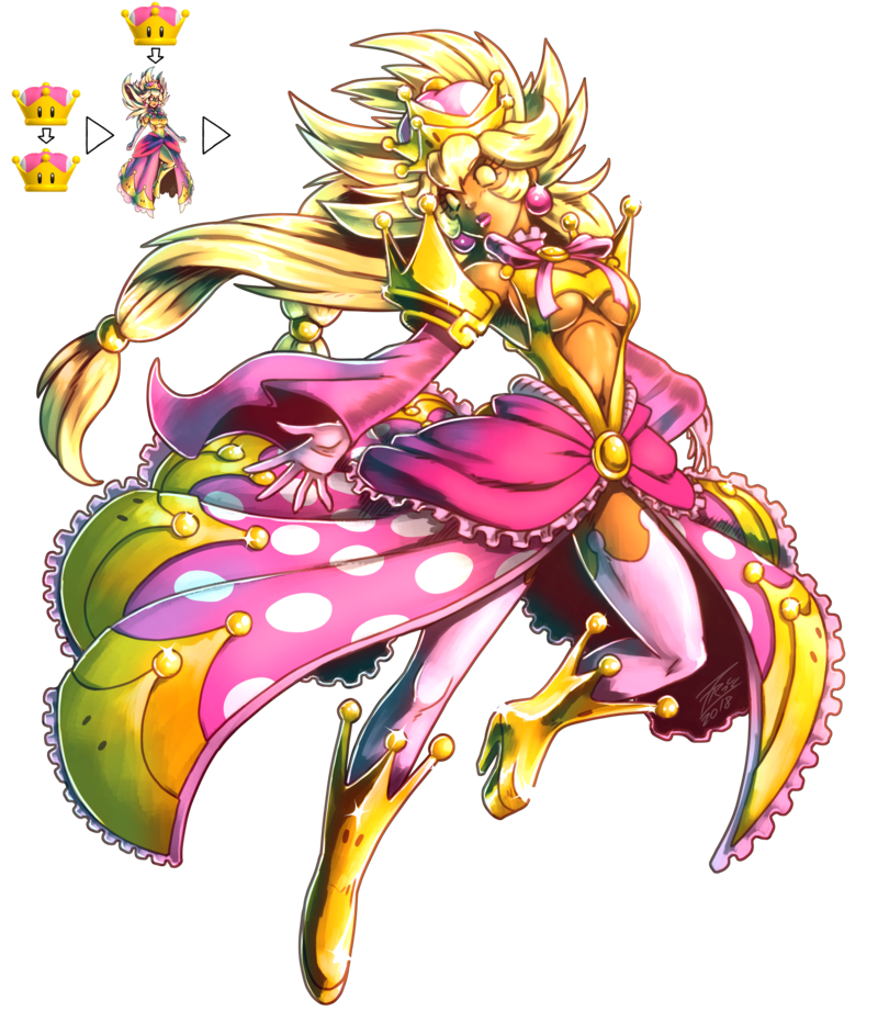 1girl, 2018, alternate_universe, blonde_hair, boots, breasts, bubble_skirt, cleavage, cleavage_cutout, clothing_cutout, colored_sclera, commentary, crown, crownette, detached_sleeves, english_commentary, fabio_fontes, female_focus, floating_hair, full_body, gloves, gold_skin, hair_bobbles, hair_ornament, knee_boots, large_breasts, long_hair, low_twintails, mario_(series), navel, new_super_mario_bros._u_deluxe, nintendo, no_pupils, personification, signature, skirt, solo, spiked_hair, super_crown, thighhighs, transparent_background, twintails, underboob, underboob_cutout, white_gloves, yellow_sclera