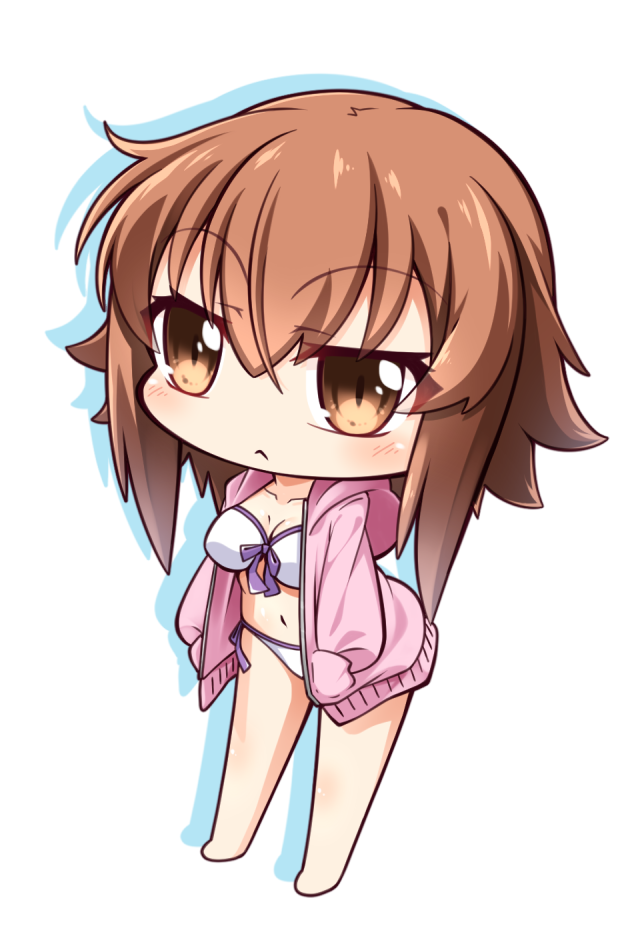 10s, 1girl, :<, barefoot, bikini, blush, breasts, brown_eyes