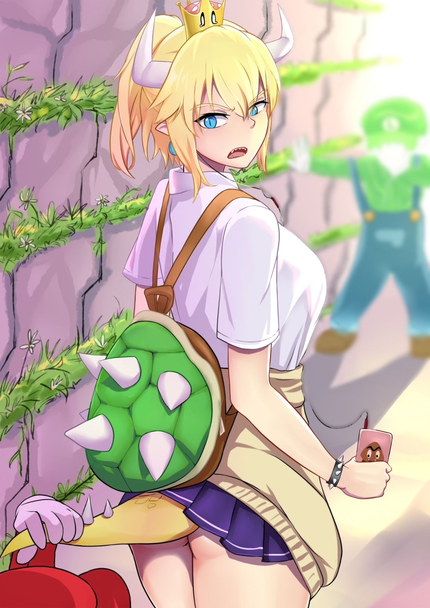 1girl, 2boys, alternate_costume, ass, bag, bberba_(ls5837907), blonde_hair, blue_eyes, bowsette, bracelet, breasts, newsboy_cap, clothes_lift, collared_shirt, crown, drink, drinking_straw, earrings, from_behind, goomba, green_hat, hat, highres, jewelry, large_breasts, looking_back, luigi, mario, mario_(series), multiple_boys, new_super_mario_bros._u_deluxe, nintendo, open_mouth, pleated_skirt, pointy_ears, ponytail, red_hat, school_uniform, serafuku, sharp_teeth, shirt, short_sleeves, skirt, skirt_lift, spiked_bracelet, spiked_shell, spikes, super_crown, tail, teeth
