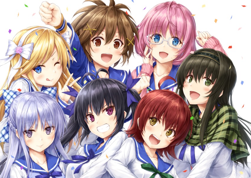 6+girls, :d, ;q, akesaka_serina, antenna_hair, black_hair, blonde_hair, blue_eyes