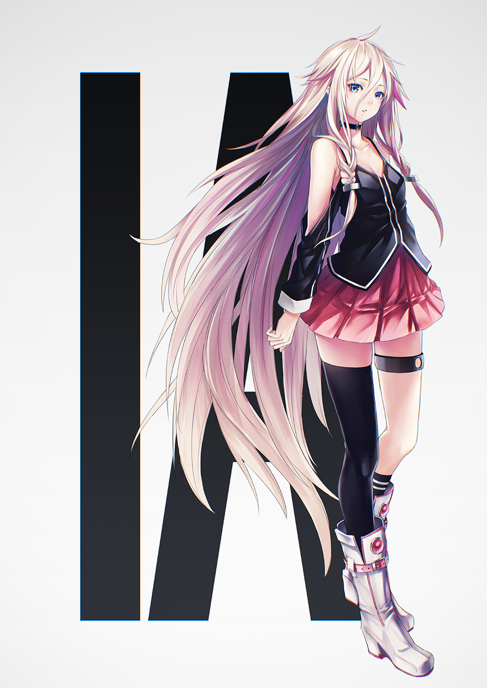 1girl, ahoge, arms_at_sides, asymmetrical_legwear, bare_shoulders, black_choker, black_eyes, blonde_hair