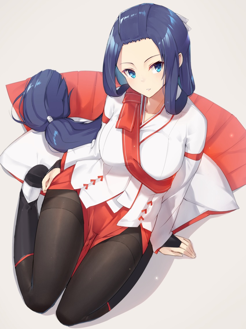 absurdres, black_pantyhose, blue_eyes, blue_hair, breasts, grey_background, hair_rings, highres